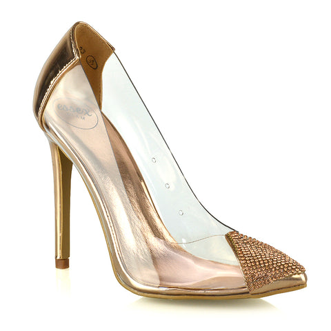 Kaz Diamante Detail Pointed Toe Perspex Stiletto Court Heel Sandals in Silver