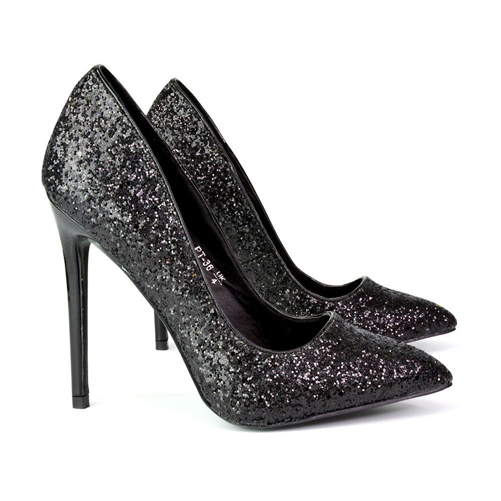 Emerald Pointed Toe Court Shoes Glitter Stiletto High Heels in Pink