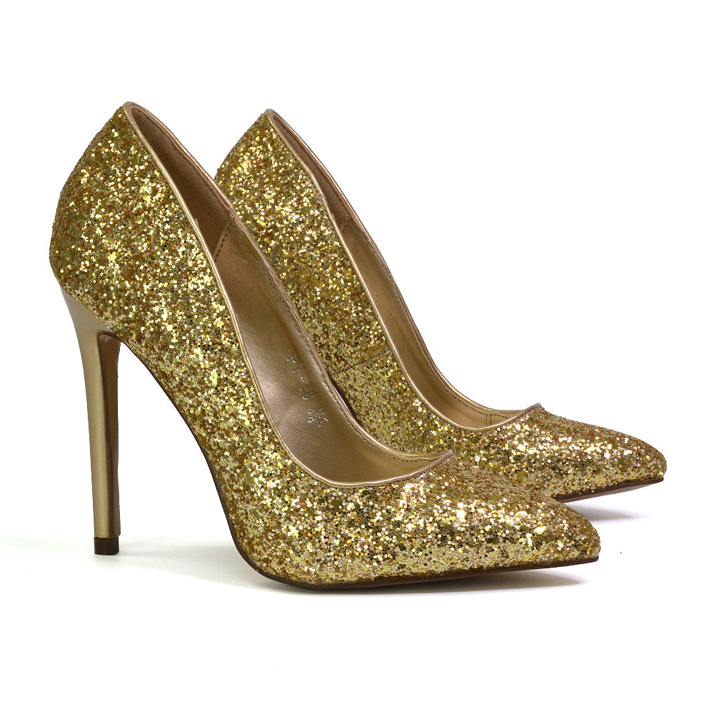Emerald Pointed Toe Court Shoes Glitter Stiletto High Heels in Gold