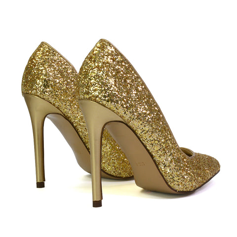 Emerald Pointed Toe Court Shoes Glitter Stiletto High Heels in Gold