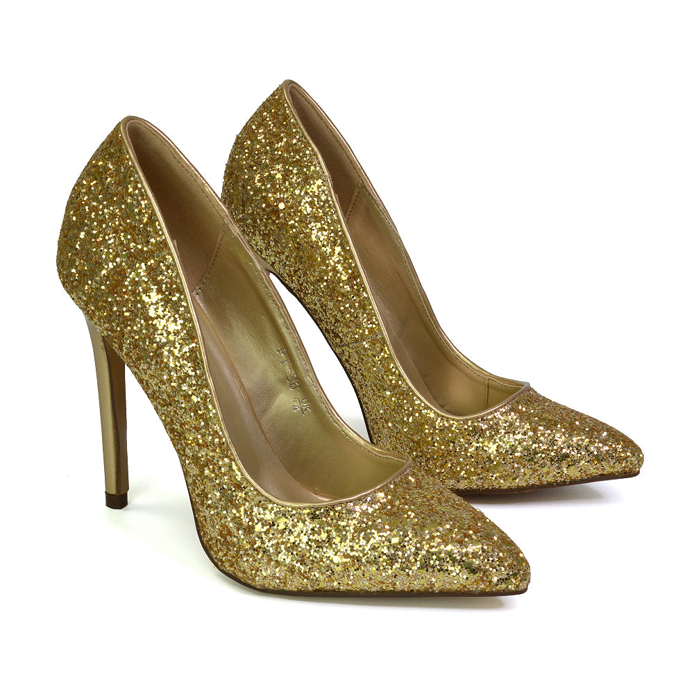 Emerald Pointed Toe Court Shoes Glitter Stiletto High Heels in Gold