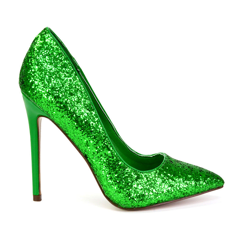 Emerald Pointed Toe Court Shoes Glitter Stiletto High Heels in Silver