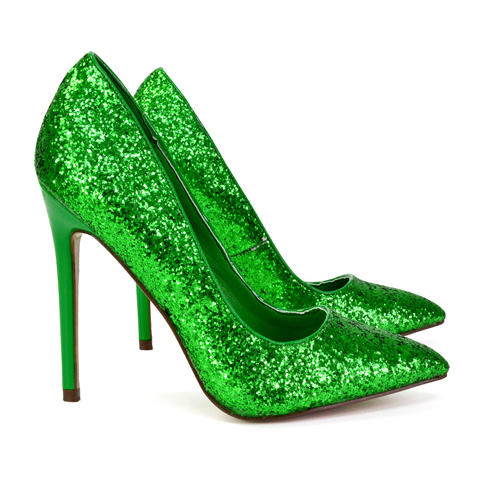 Emerald Pointed Toe Court Shoes Glitter Stiletto High Heels in Pink