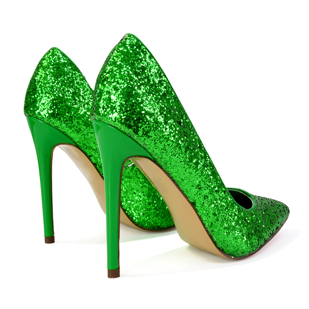 Emerald Pointed Toe Court Shoes Glitter Stiletto High Heels in Yellow
