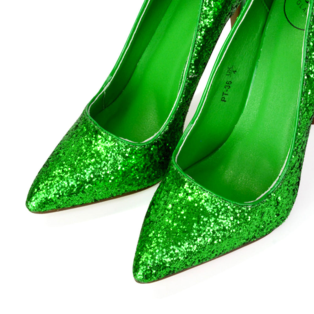 Emerald Pointed Toe Court Shoes Glitter Stiletto High Heels in Green