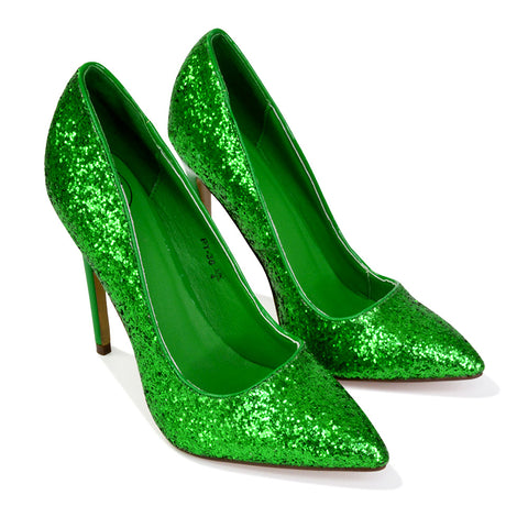 Emerald Pointed Toe Court Shoes Glitter Stiletto High Heels in Pink