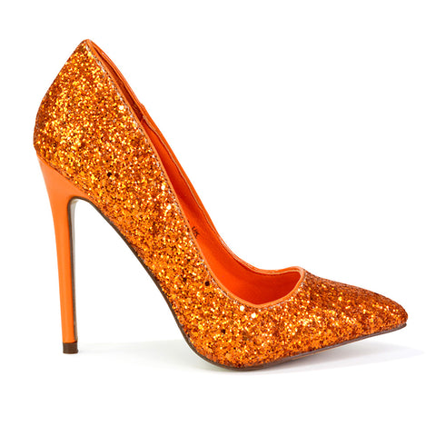 Emerald Pointed Toe Court Shoes Glitter Stiletto High Heels in Orange