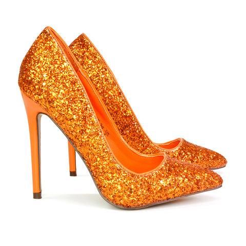 Emerald Pointed Toe Court Shoes Glitter Stiletto High Heels in Orange