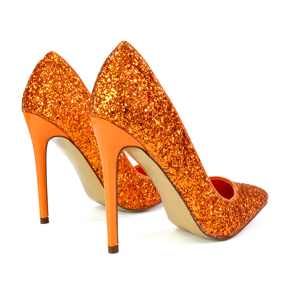 Emerald Pointed Toe Court Shoes Glitter Stiletto High Heels in Orange