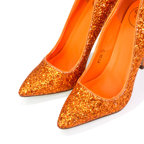 Emerald Pointed Toe Court Shoes Glitter Stiletto High Heels in Orange