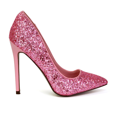 Emerald Pointed Toe Court Shoes Glitter Stiletto High Heels in Pink