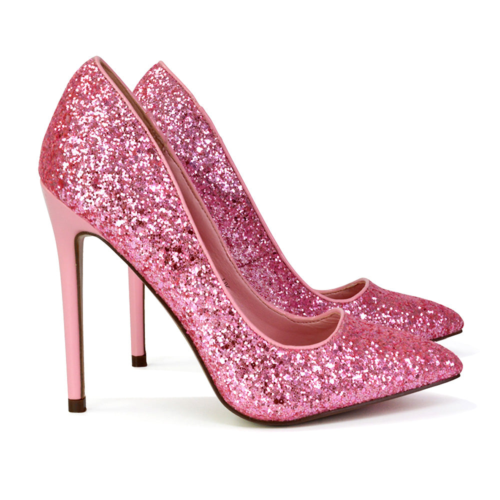 Emerald Pointed Toe Court Shoes Glitter Stiletto High Heels in Pink
