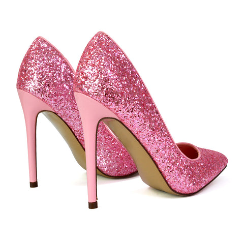 Emerald Pointed Toe Court Shoes Glitter Stiletto High Heels in Pink