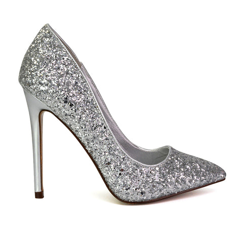 Emerald Pointed Toe Court Shoes Glitter Stiletto High Heels in Silver