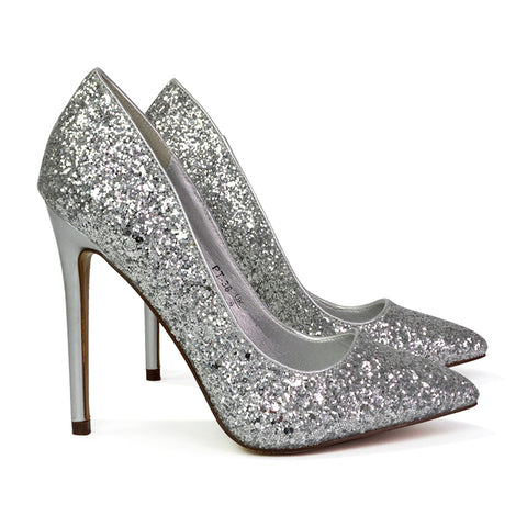 Emerald Pointed Toe Court Shoes Glitter Stiletto High Heels in Pink