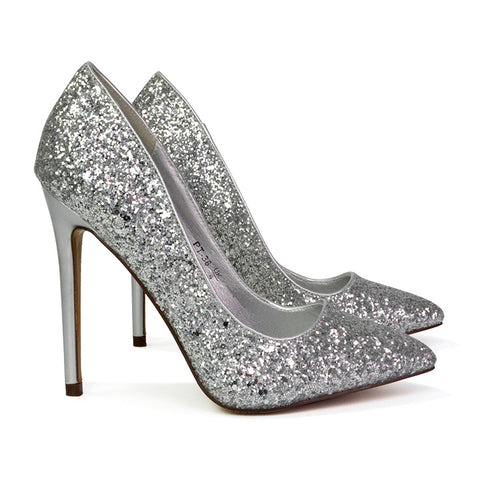 Emerald Pointed Toe Court Shoes Glitter Stiletto High Heels in Silver