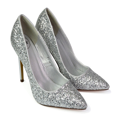 Emerald Pointed Toe Court Shoes Glitter Stiletto High Heels in Silver