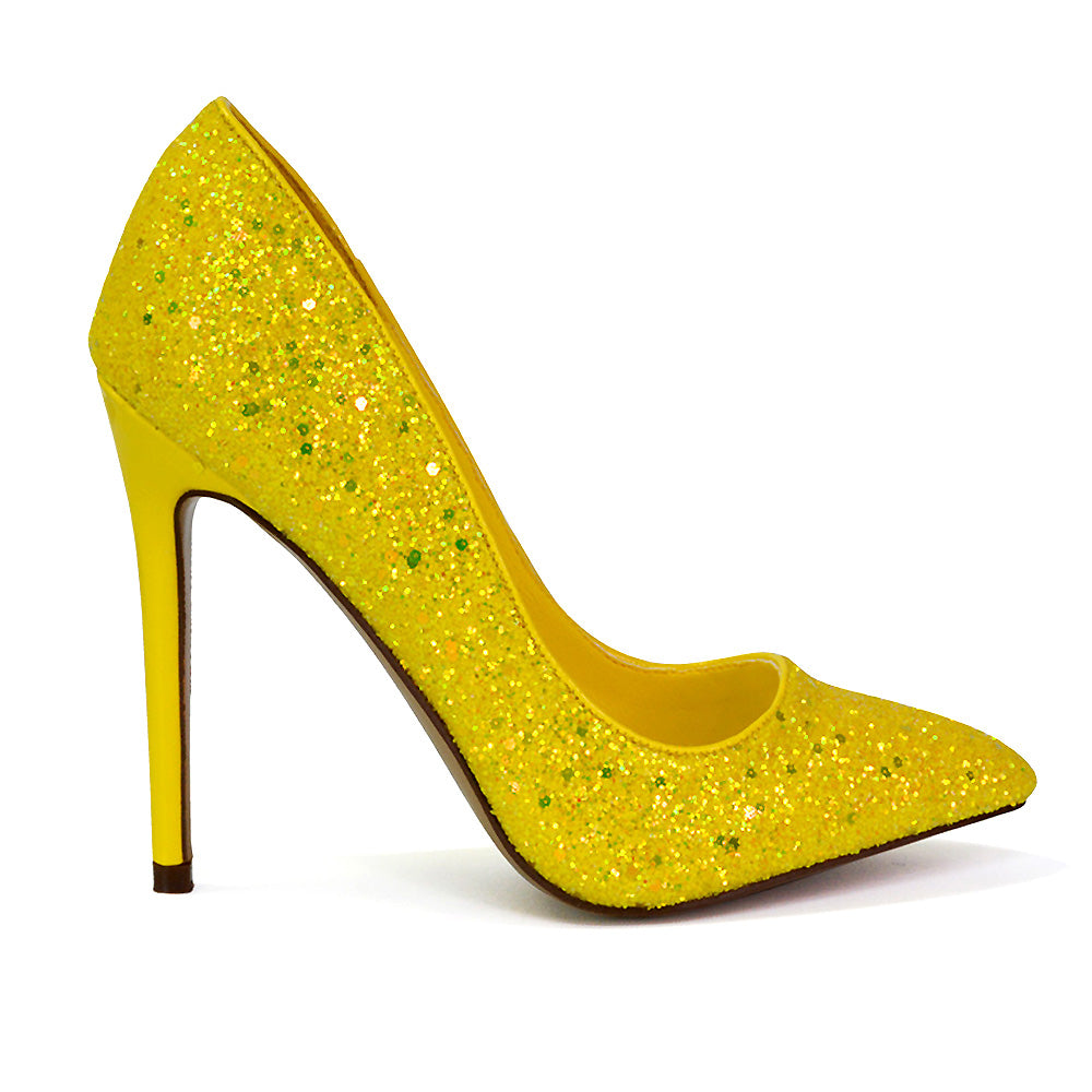 Emerald Pointed Toe Court Shoes Glitter Stiletto High Heels in Yellow