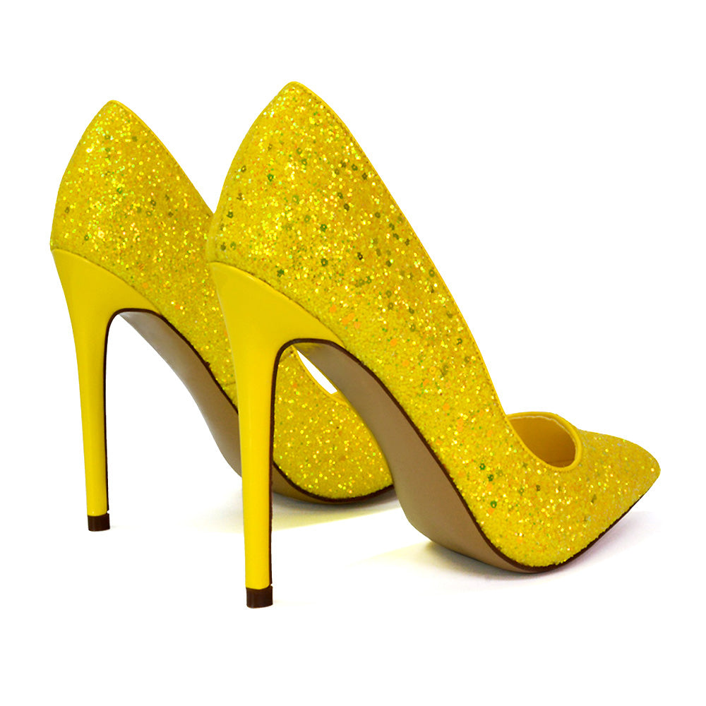 yellow glitter heels