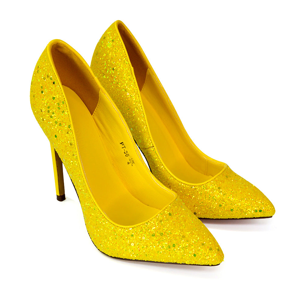 Emerald Pointed Toe Court Shoes Glitter Stiletto High Heels in Yellow