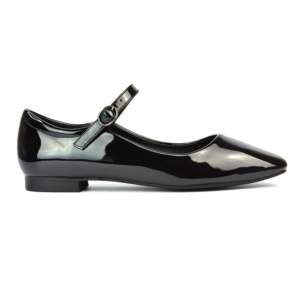 Reigan Mary Jane Square Toe Buckle Up Strappy Flats Ballerina Pumps in Black Patent