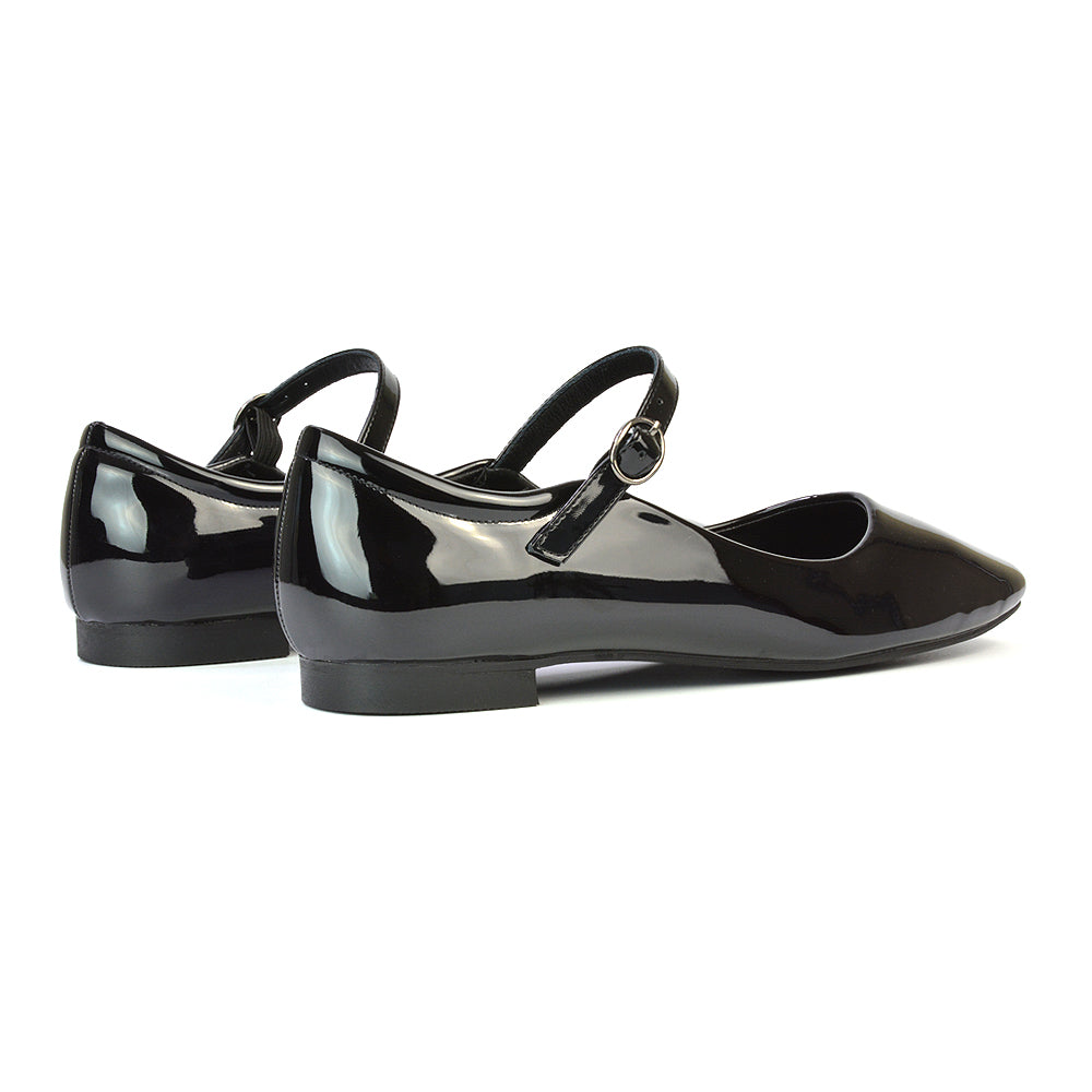 Reigan Mary Jane Square Toe Buckle Up Strappy Flats Ballerina Pumps in Black Synthetic Leather