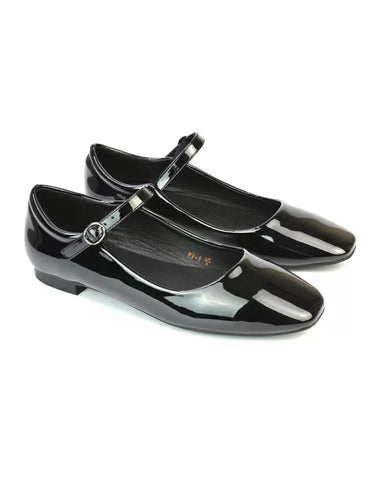 Reigan Mary Jane Square Toe Buckle Up Strappy Flats Ballerina Pumps in Black Synthetic Leather