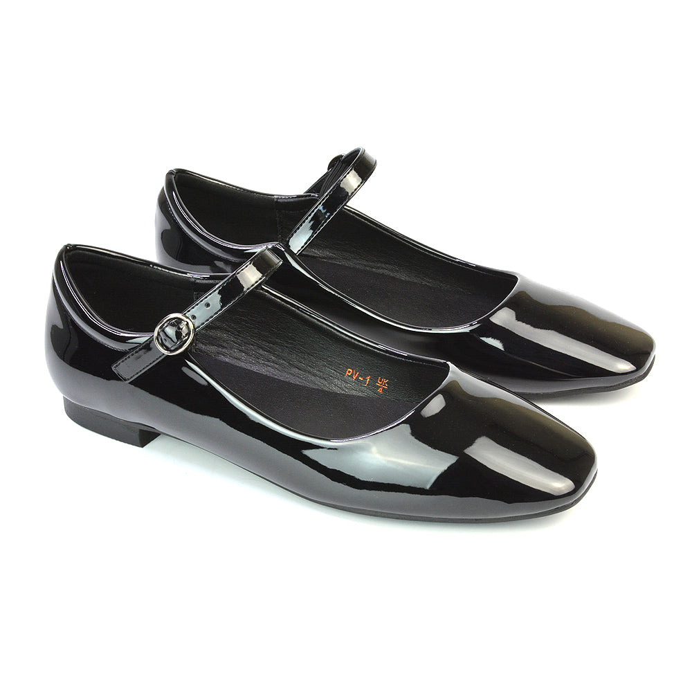 Reigan Mary Jane Square Toe Buckle Up Strappy Flats Ballerina Pumps in Black Synthetic Leather