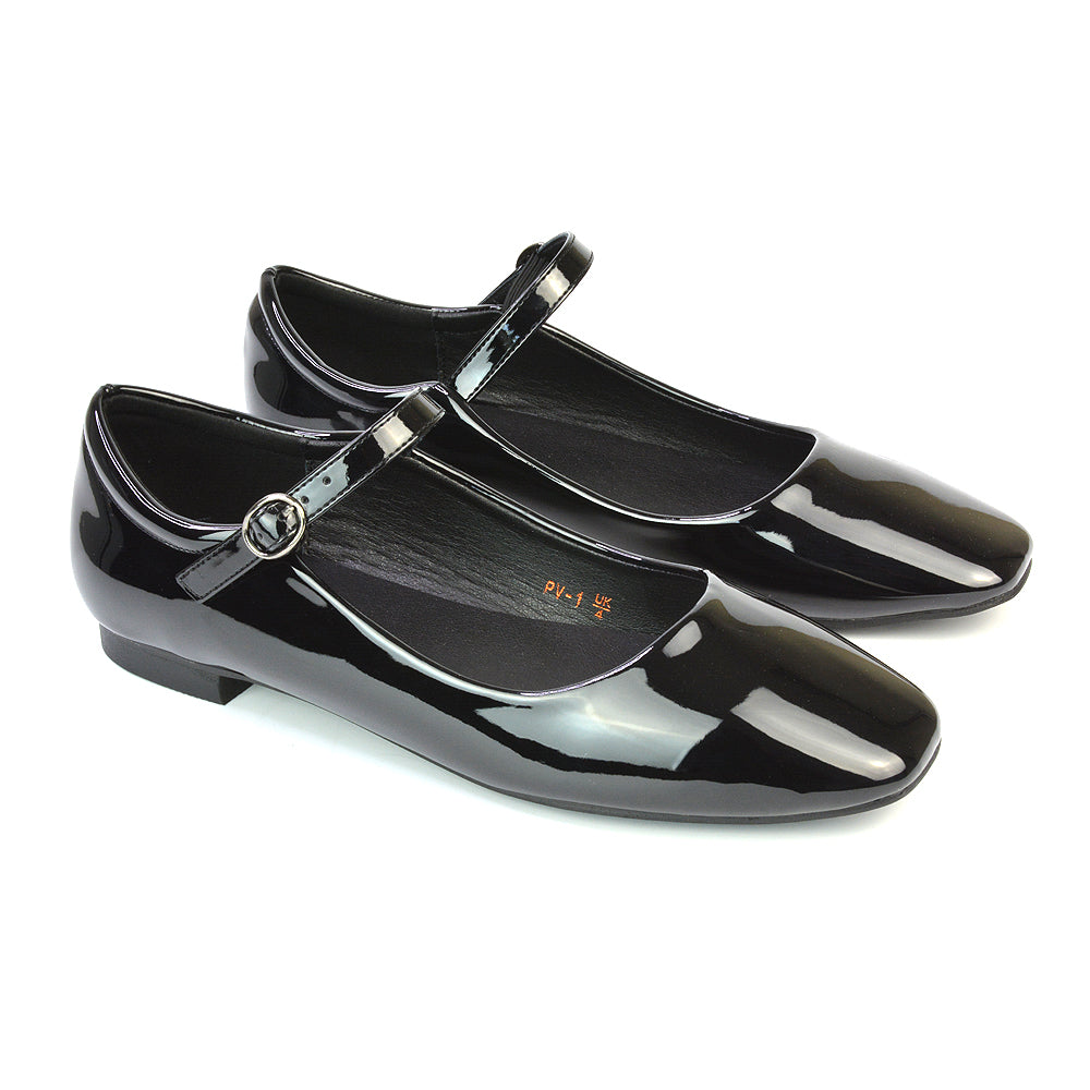 Reigan Mary Jane Square Toe Buckle Up Strappy Flats Ballerina Pumps in Black Patent