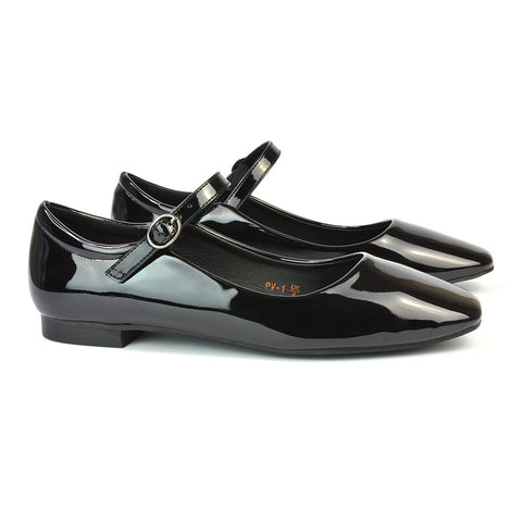 Reigan Mary Jane Square Toe Buckle Up Strappy Flats Ballerina Pumps in Black Patent