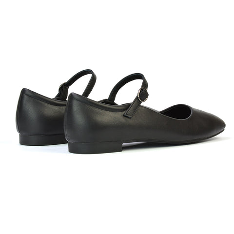 Reigan Mary Jane Square Toe Buckle Up Strappy Flats Ballerina Pumps in Black Synthetic Leather