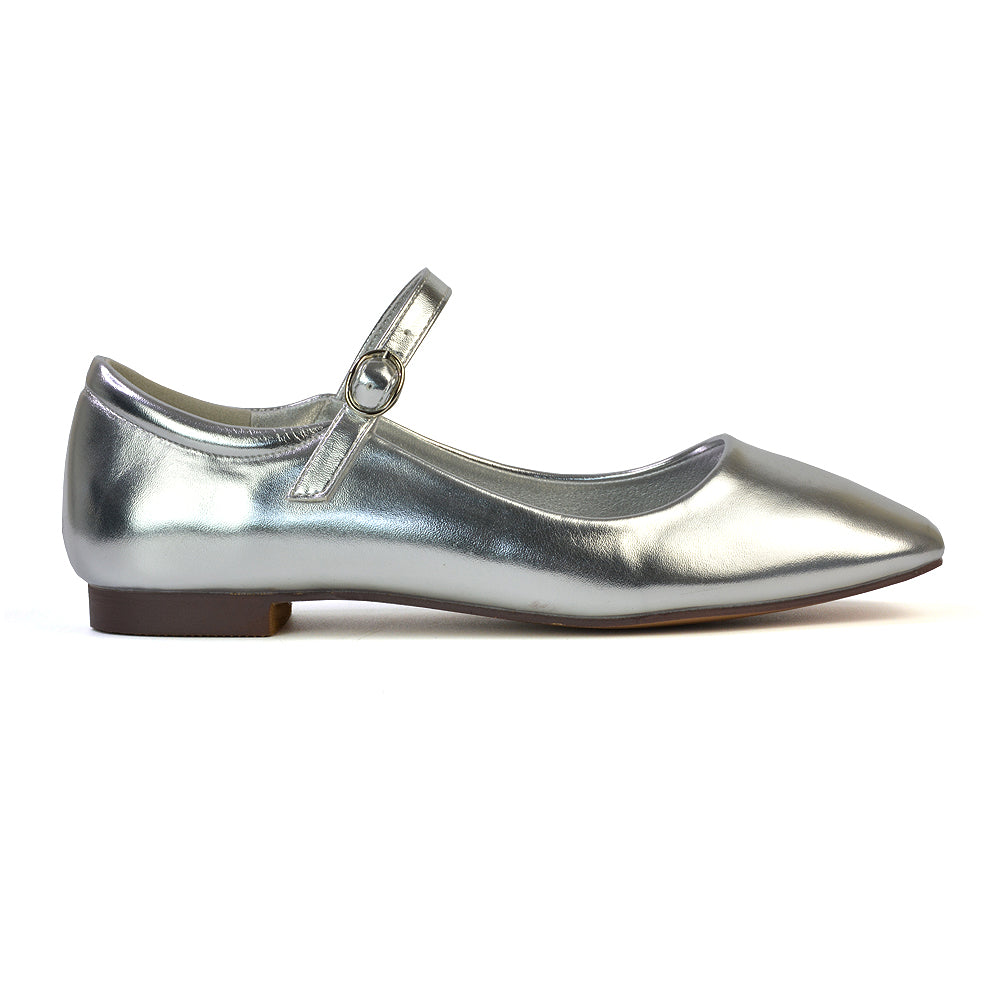 Reigan Mary Jane Square Toe Buckle Up Strappy Flats Ballerina Pumps in Silver