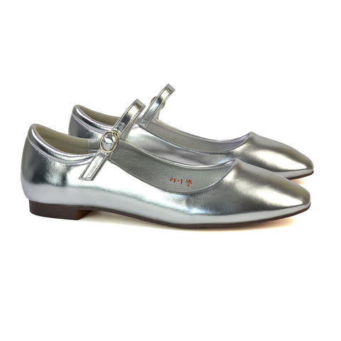 Reigan Mary Jane Square Toe Buckle Up Strappy Flats Ballerina Pumps in Silver