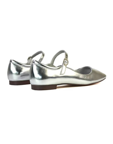 Reigan Mary Jane Square Toe Buckle Up Strappy Flats Ballerina Pumps in Silver