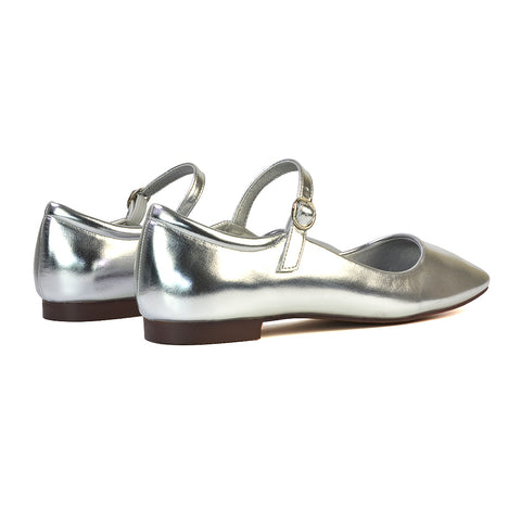 Reigan Mary Jane Square Toe Buckle Up Strappy Flats Ballerina Pumps in Silver