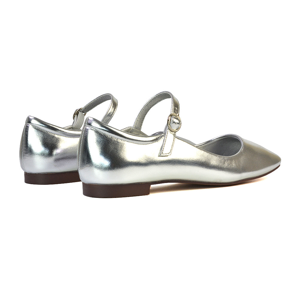 Reigan Mary Jane Square Toe Buckle Up Strappy Flats Ballerina Pumps in Silver