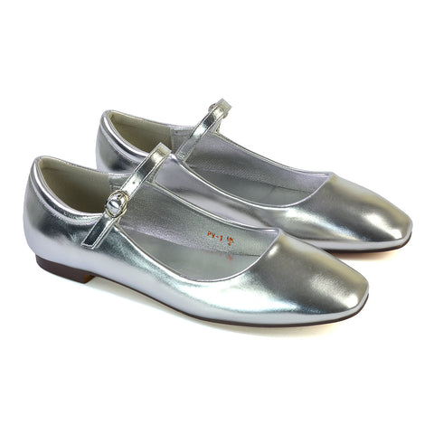 Reigan Mary Jane Square Toe Buckle Up Strappy Flats Ballerina Pumps in Silver