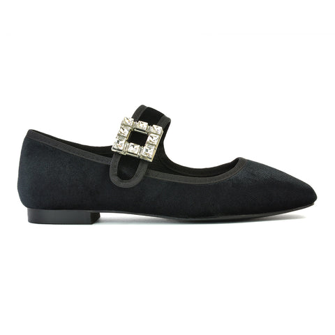 Stan Diamante Buckle Strap Mary Jane Flat Bridal Ballerina Pumps in Black Synthetic Leather