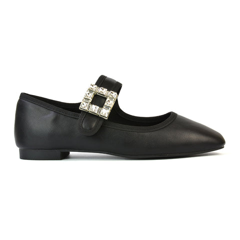 Stan Diamante Buckle Strap Mary Jane Flat Bridal Ballerina Pumps in Black Synthetic Leather