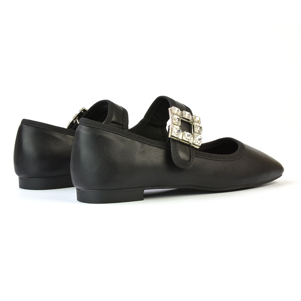 Stan Diamante Buckle Strap Mary Jane Flat Bridal Ballerina Pumps in Black Synthetic Leather