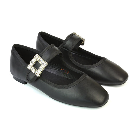 Stan Diamante Buckle Strap Mary Jane Flat Bridal Ballerina Pumps in Black Synthetic Leather