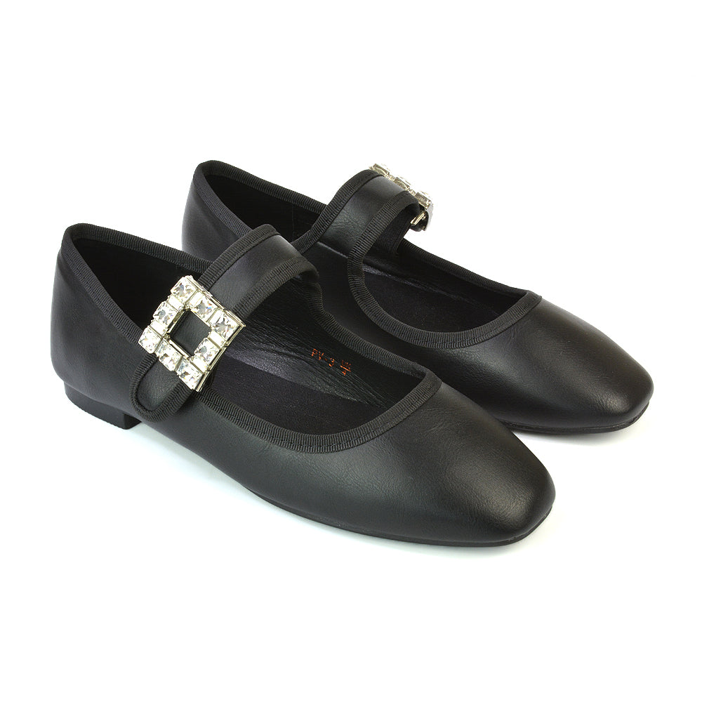 Stan Diamante Buckle Strap Mary Jane Flat Bridal Ballerina Pumps in Black Velvet