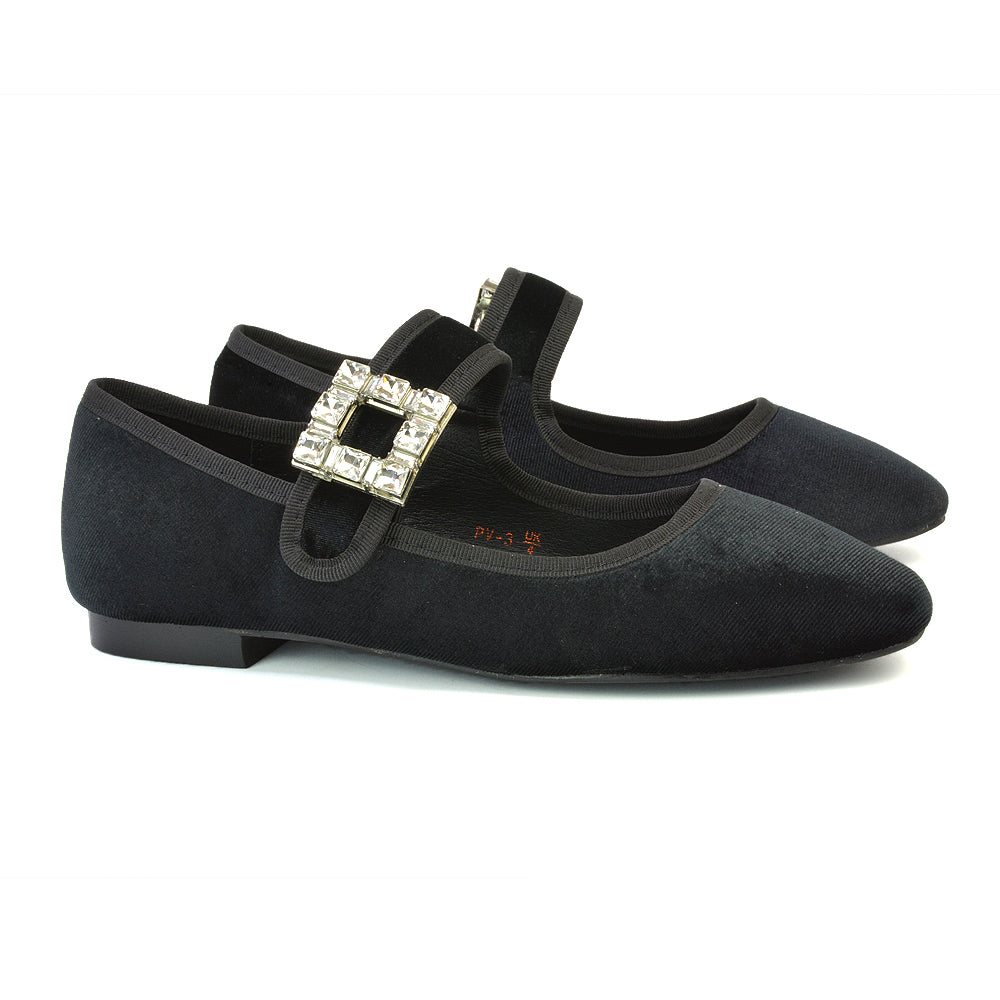 Stan Diamante Buckle Strap Mary Jane Flat Bridal Ballerina Pumps in Black Velvet