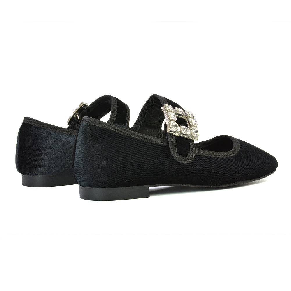 Stan Diamante Buckle Strap Mary Jane Flat Bridal Ballerina Pumps in Black Synthetic Leather