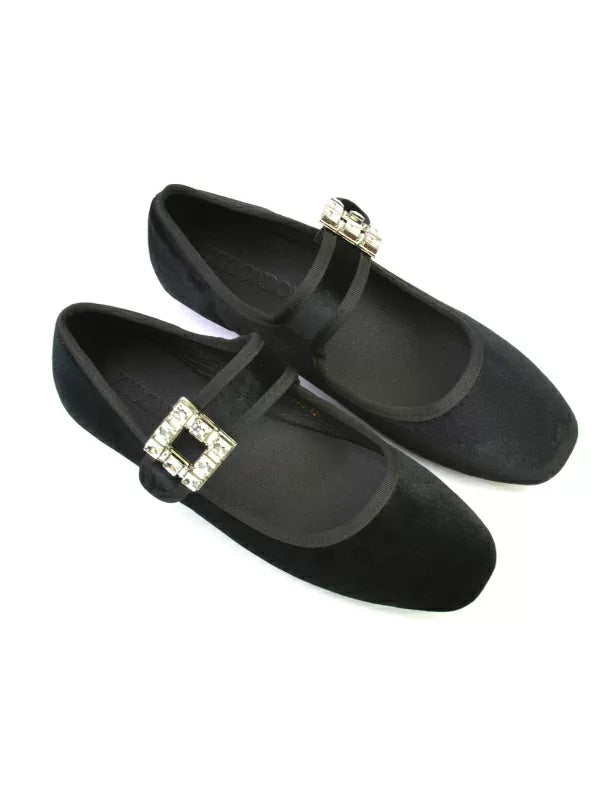 Stan Diamante Buckle Strap Mary Jane Flat Bridal Ballerina Pumps in Black Synthetic Leather