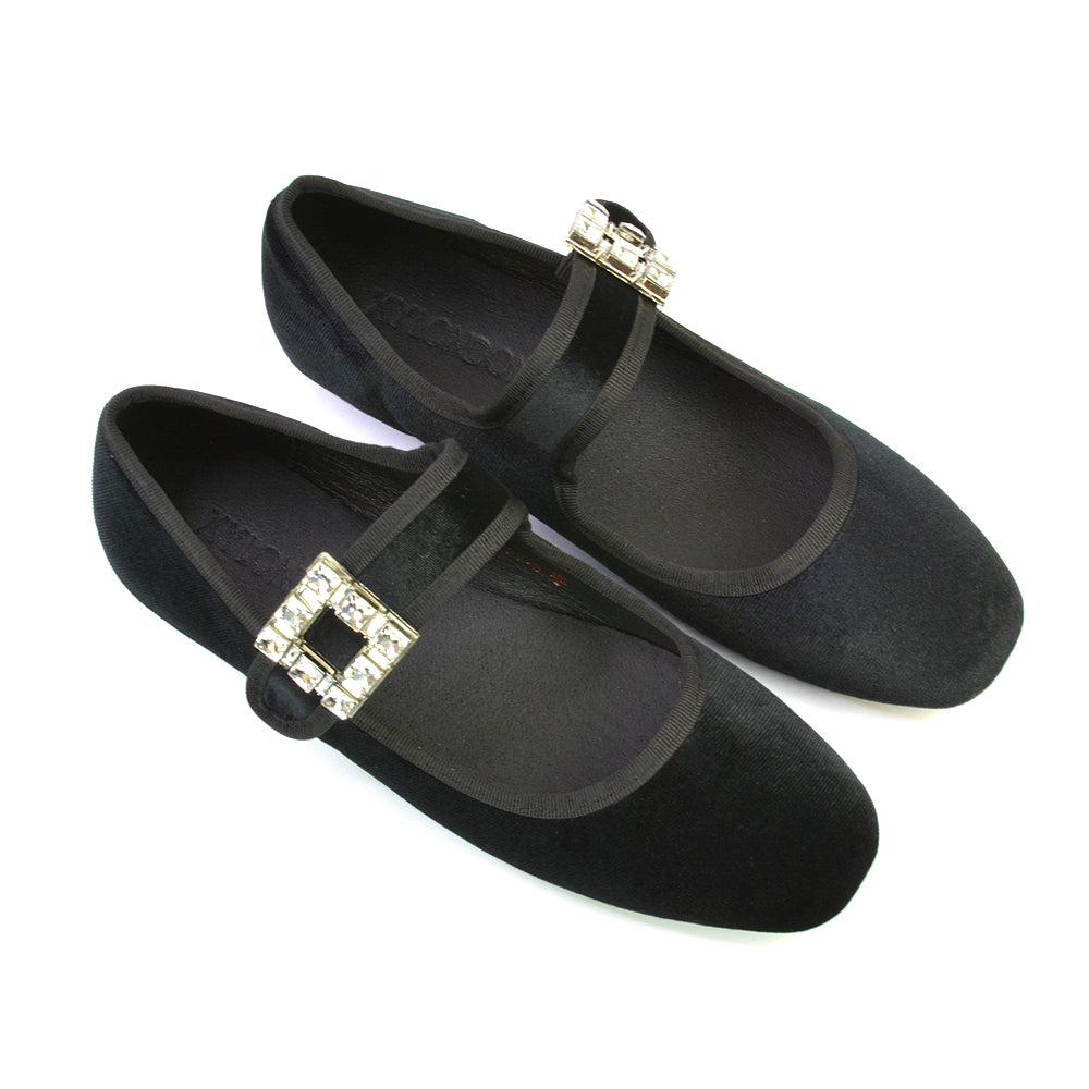 Stan Diamante Buckle Strap Mary Jane Flat Bridal Ballerina Pumps in Black Synthetic Leather