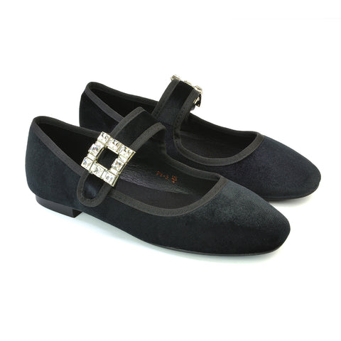 Stan Diamante Buckle Strap Mary Jane Flat Bridal Ballerina Pumps in Black Velvet