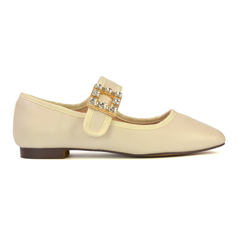 Stan Diamante Buckle Strap Mary Jane Flat Bridal Ballerina Pumps in Black Synthetic Leather