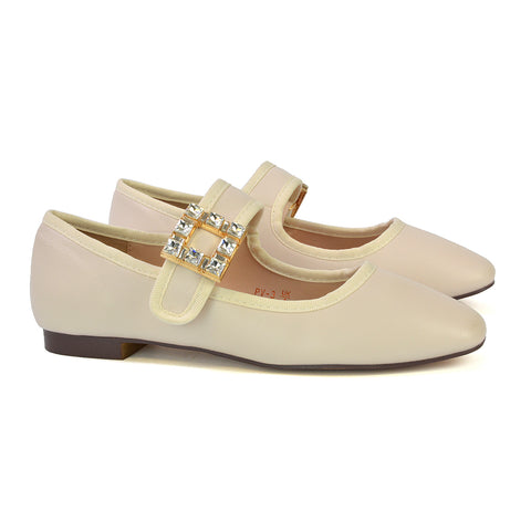 Stan Diamante Buckle Strap Mary Jane Flat Bridal Ballerina Pumps in Black Synthetic Leather