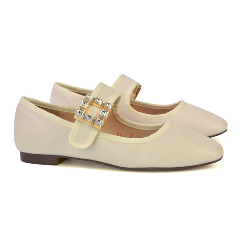 Stan Diamante Buckle Strap Mary Jane Flat Bridal Ballerina Pumps in Nude Synthetic Leather